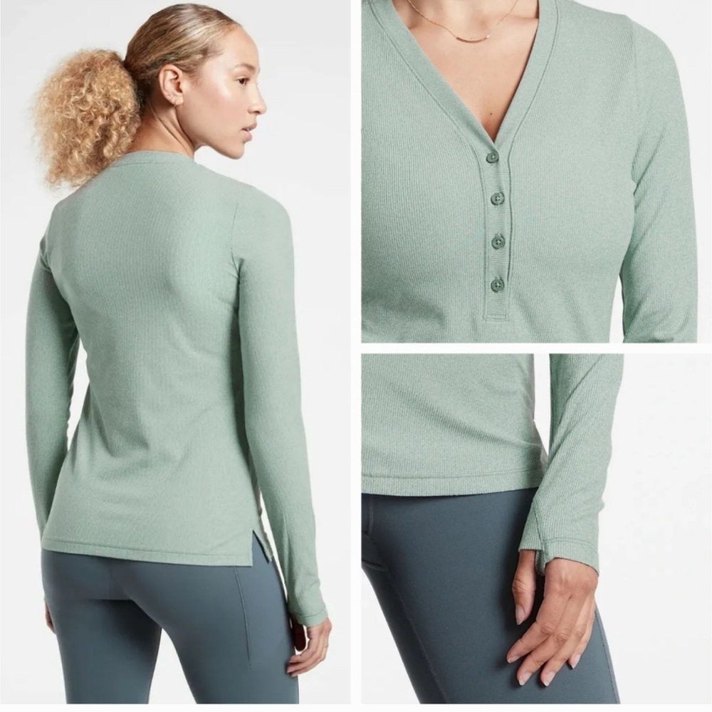 Athleta Uptempo Ribbed Henley Top Green Long Sleeve shirt Size M